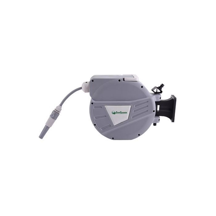 Sungarden SG0164 Manguera 10 Metros - Recogedor Automatico con Guia - Soporte Para Instalacion en Pared - Giro 180 - Color Gris