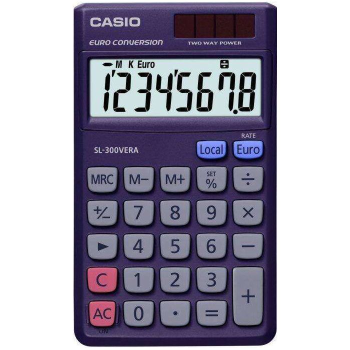 Casio SL-300VERA Calculadora de Bolsillo - Pantalla LC Extragrande de 8 Digitos - Funcion Conversor de Euros - Color Azul Oscuro