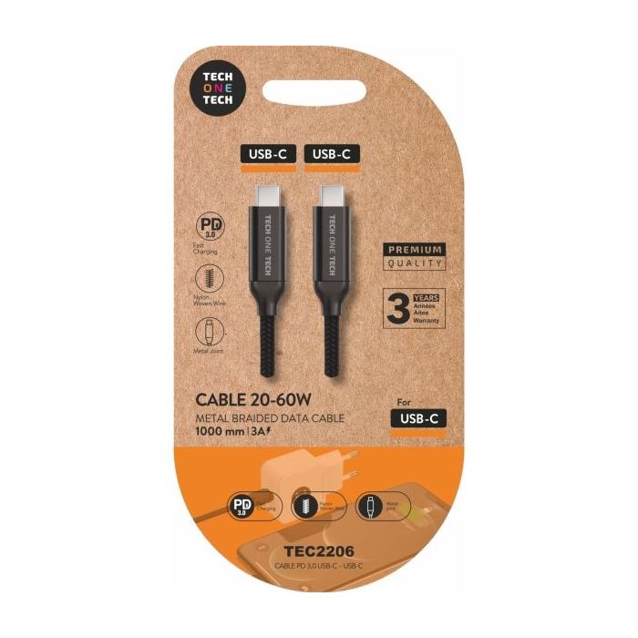 TechOneTech Cable USB-C Macho a USB-C Macho 1m - Recubierto de Nylon Trenzado Negro