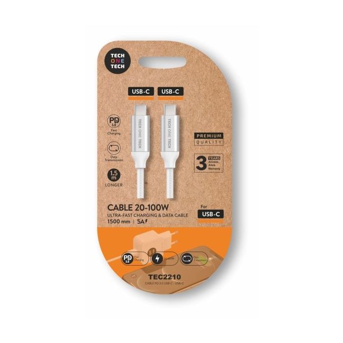 TechOneTech Cable USB-C Macho a USB-C Macho 1m - Recubierto de Nylon Trenzado Blanco