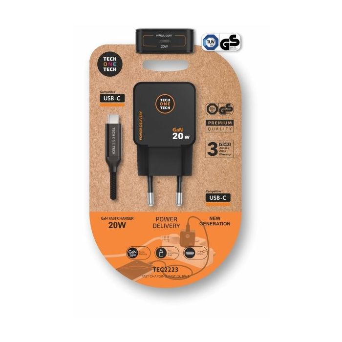TechOneTech Cargador de Pared Ultrarrápido GaN 20W Negro + Cable USB-C