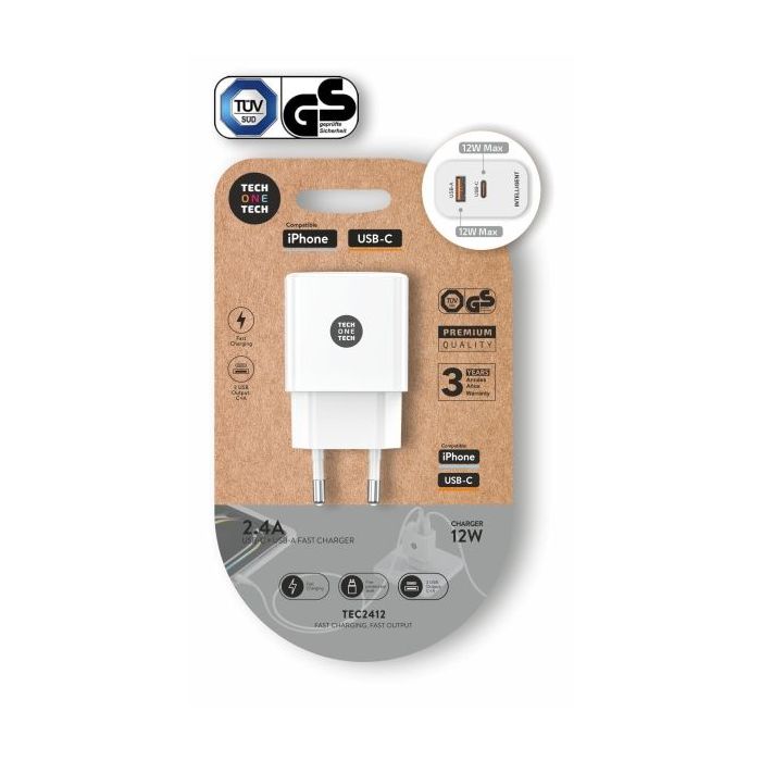 TechOneTech Cargador Doble de Pared USB-A a USB-C  12W Blanco