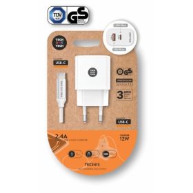 TechOneTech Cargador Doble de Pared + Cable USB-A a USB-C 1m - Recubierto de Nylon Trenzado Blanco