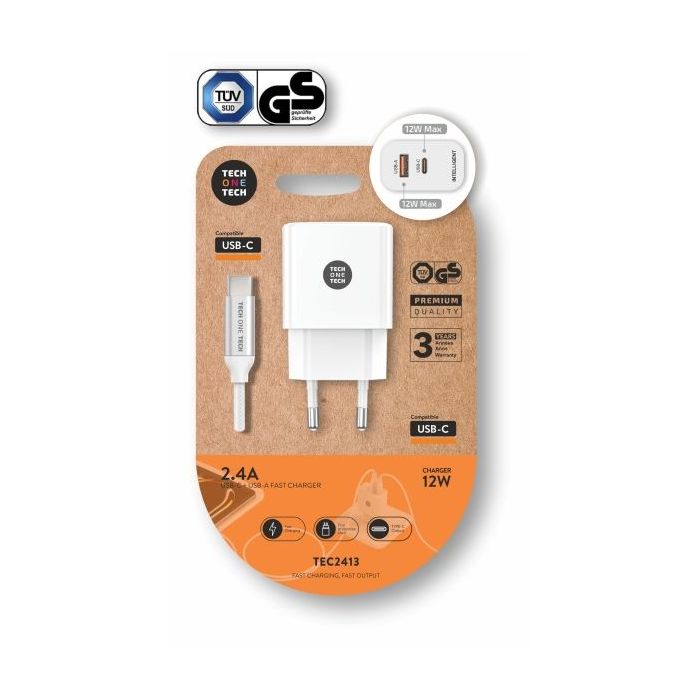 TechOneTech Cargador Doble de Pared + Cable USB-A a USB-C 1m - Recubierto de Nylon Trenzado Blanco