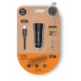 TechOneTech Cargador Doble de Coche + Cable USB-A a USB-C - Alto Rendimiento - Color Negro