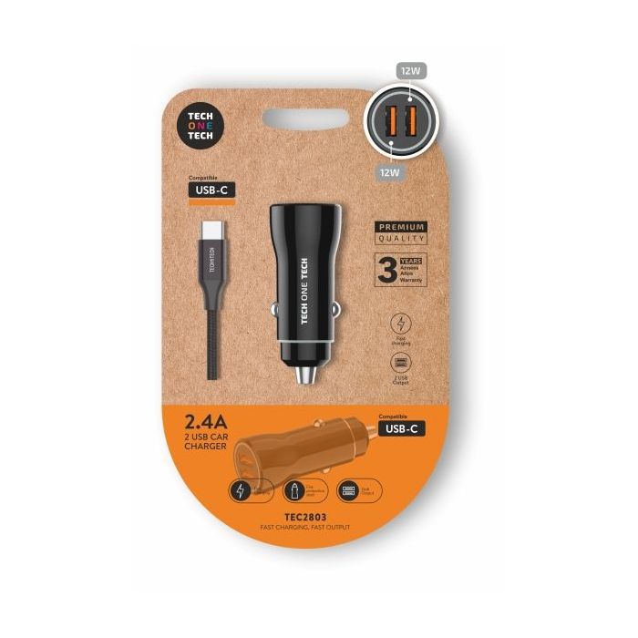 TechOneTech Cargador Doble de Coche + Cable USB-A a USB-C - Alto Rendimiento - Color Negro