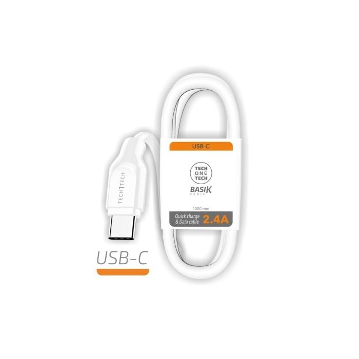 TechOneTech Cable BASIK USB-A Macho a USB-C Macho 1m - Recubierto Nylon Trenzado Blanco