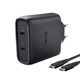 Trust Maxo Cargador de Pared - 65W - GaN - 2xUSB-C - Cable USB-C de 2m - Power Delivery - Plastico Reciclado - 30x63x97mm - Colo