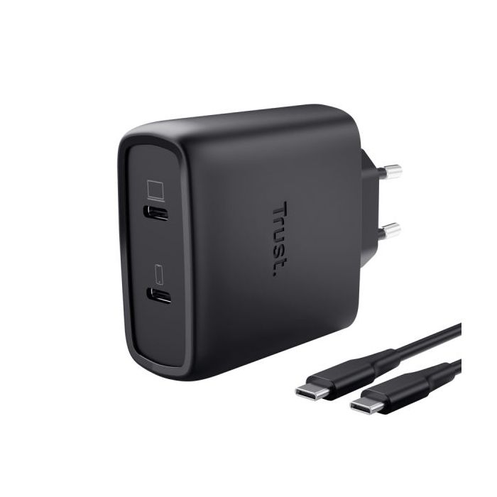 Trust Maxo Cargador de Pared - 65W - GaN - 2xUSB-C - Cable USB-C de 2m - Power Delivery - Plastico Reciclado - 30x63x97mm - Colo