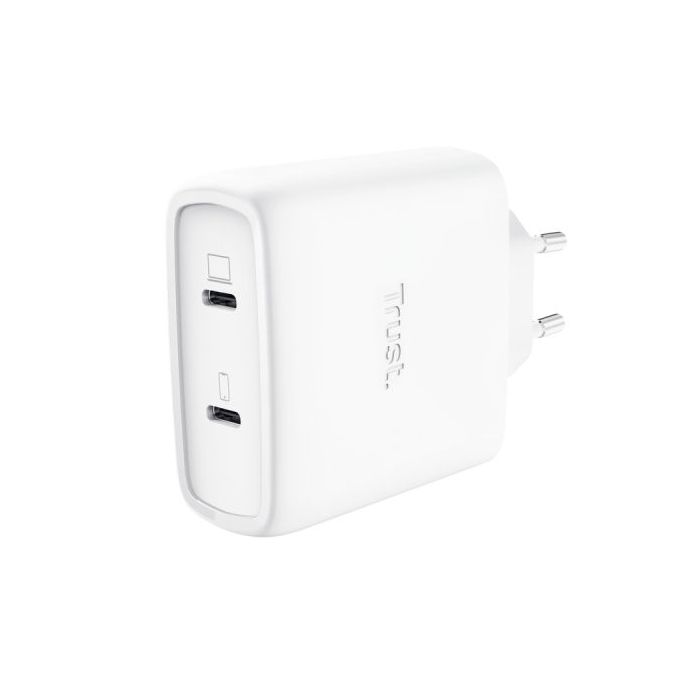 Trust Maxo Cargador de Pared - 65W - GaN - 2xUSB-C - Cable USB-C de 2m - Power Delivery - Plastico Reciclado - 30x63x97mm - Colo