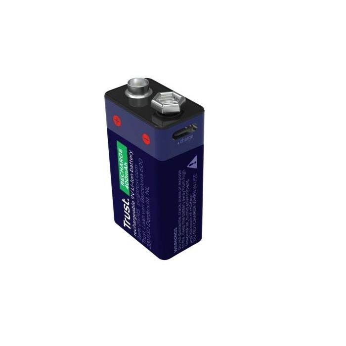 Trust Pila de 9V Recargable por USB-C - 400mAh - 16x26x47mm - Color Azul Marino