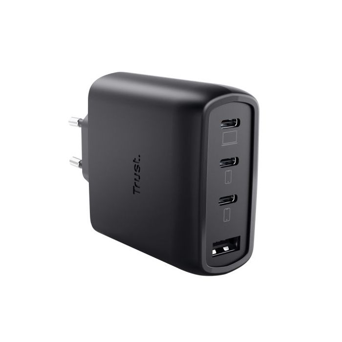 Trust Maxo Cargador de Pared - 65W - GaN - 3xUSB-C - USB-A - Cable USB-C de 2m - Power Delivery - Plastico Reciclado - 30x63x97m
