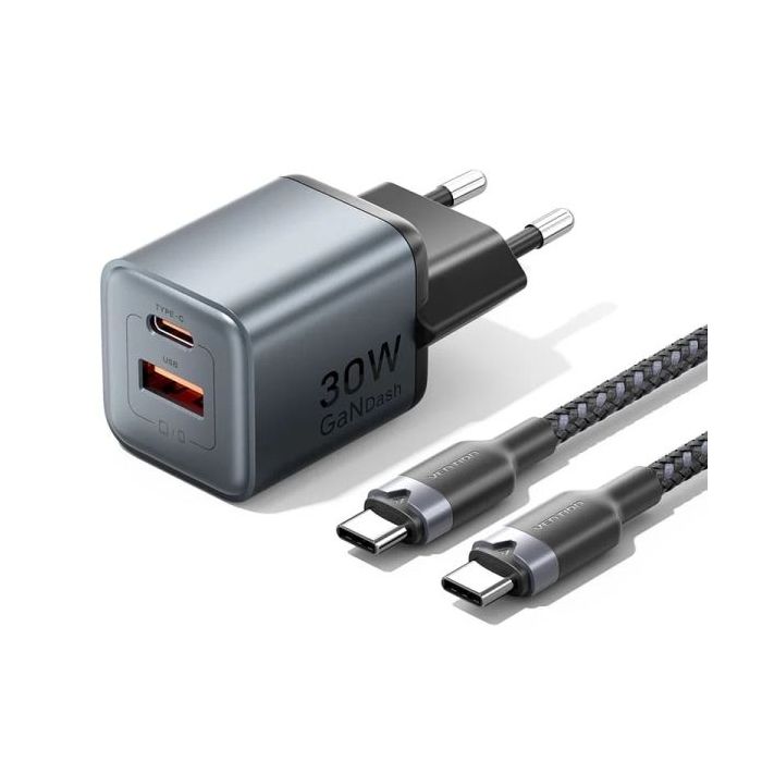Vention Cargador de Pared - 30W - GaN - Cable de 1m Incluido - USB-C - USB-A - Power Delivery 3.0 - Qualcomm 3.0 - Carga Rapida