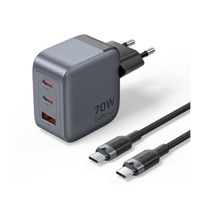 Vention Cargador de Pared - 70W - GaN - Cable de 1m Incluido - 2xUSB-C - USB-A - Carga Rapida PD - Tecnologia PPS - Color Gris