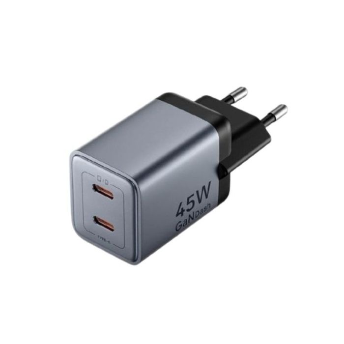 Vention Cargador de Pared - 45W - GaN - Cable de 1m Incluido - 2xUSB-C - Power Delivery 3.0 - Qualcomm 3.0 - Carga Rapida - Colo