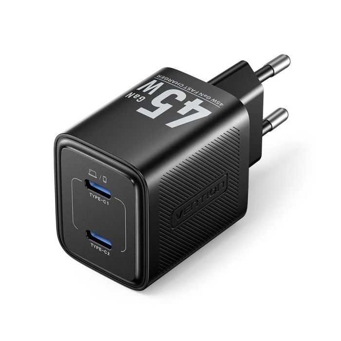 Vention Cargador de Pared - 45W - GaN - Cable de 1m Incluido - 2xUSB-C - Carga Rapida - Color Negro