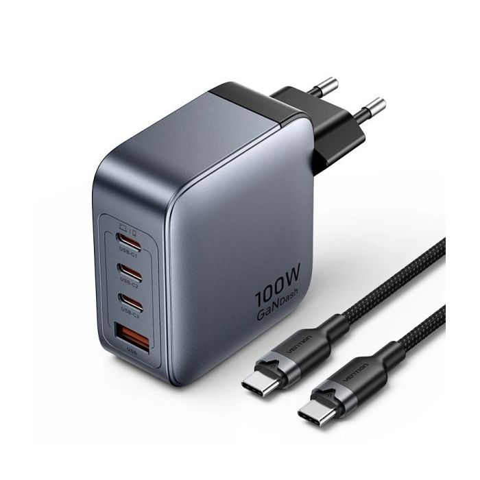 Vention Cargador de Pared - 100W - GaN - Cable de 1m Incluido - 3xUSB-C - USB-A - Carga Rapida - Color Gris