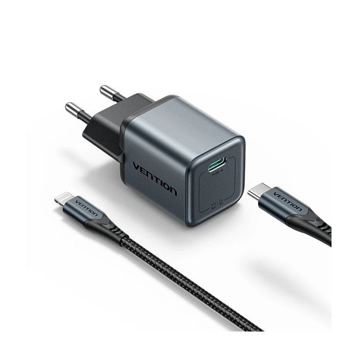 Vention Cargador de Pared - 20W - GaN - Cable USB a Lightning de 1m - USB-C - Power Delivery 3.0 - Qualcomm 3.0 - Carga Rapida -