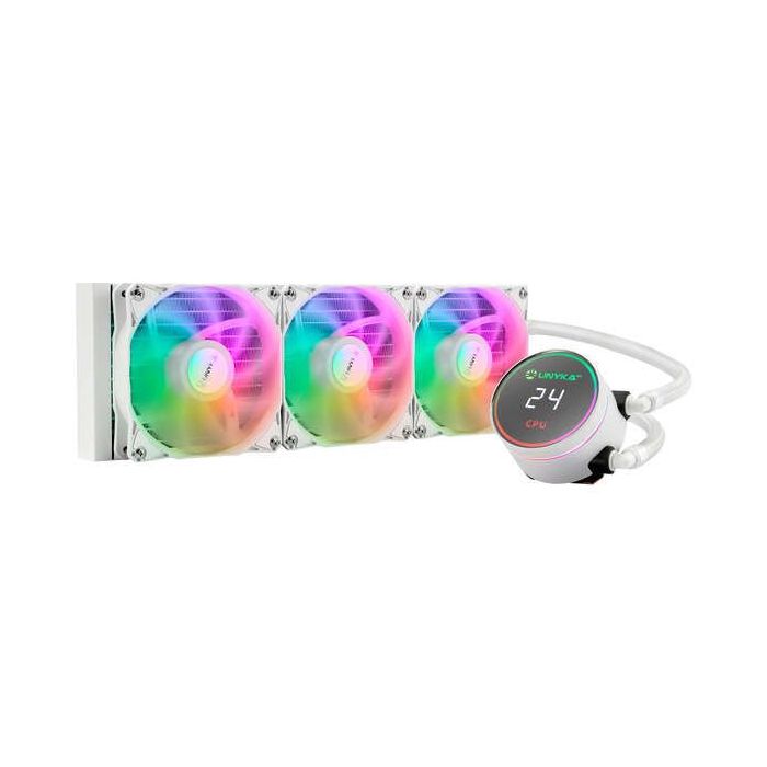 Unykach AquaStorm White 360 Refrigeracion Liquida - 3 Ventiladores 1800 RPM - Bomba con Alcance 2500 RPM - Display que Muestra l