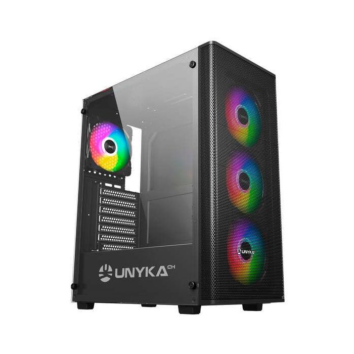 Unykach MIR 100 Caja Gaming ATX, Micro ATX, ITX - Lateral de Vidrio Templado - USB-A 2.0, 3.0 y Audio - 4 Ventiladores 120mm ARG