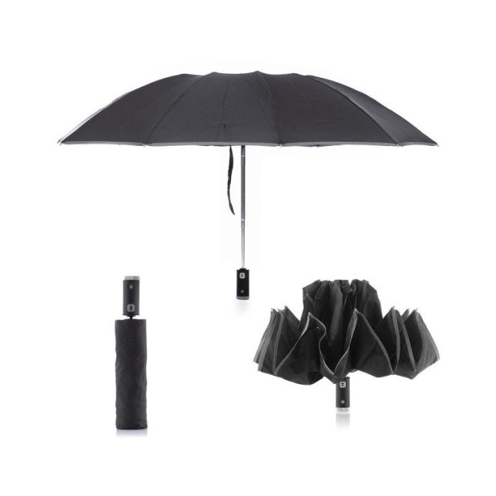 Innovagoods Folbrella Paraguas de Cierre Inverso con Luz LED - Reflectante - Antigoteo - Compacto - Ligero - Color Negro y Gris
