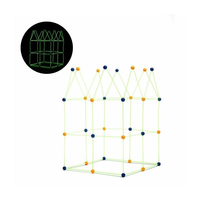 Innovagoods Builkitt Juego de Construccion de Fuertes - 155 Piezas - Fluorescente - Tela de 120x150cm - Bolsa de Transporte - Mu