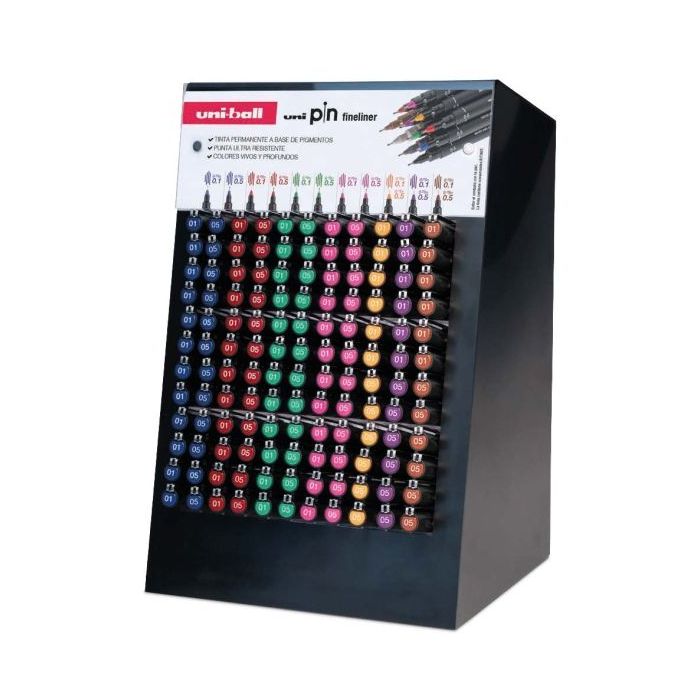 Uni-ball PIN Expositor con 168 Rotuladores de Colores y Calibrados Surtidos - Punta Poliacetal - Tinta Pigmentada Resistente al