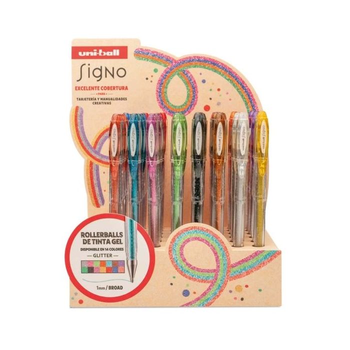 Uni-ball Signo Sparkling UM-120SP Expositor con 48 Rollers de Tinta Gel + 50 Tarjetas Kraft Gratis - Punta de Bola 1mm - Tinta P
