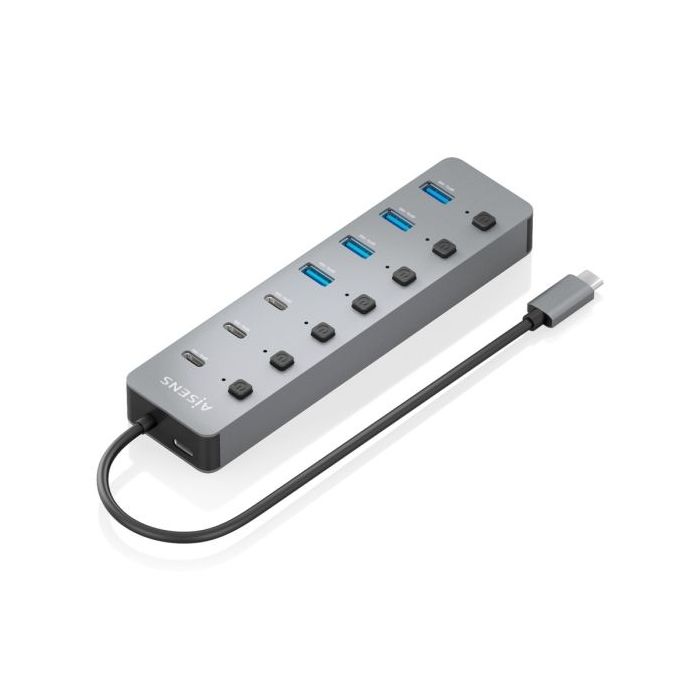 Aisens Hub USB-C 3.2 Gen2 10G - 4xUSB-A - 3xUSB-C - 1xUSB-C PD3.0 100W - Botones de Encendido/Apagado en Cada Puerto - 30cm - Co