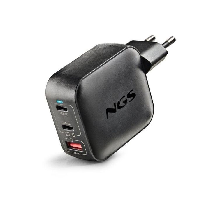 NGS Bud Tiny Cargador GaN Universal de Pared 100W Ultrarrapido - 2x USB-C PD - PPS, 1x USB-A QC 3.0 - Color Negro