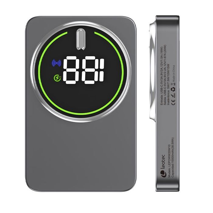 Leotec Powerbank Inalambrico 10.000 mAh -  PD 20W - Qi 15W - Color Gris