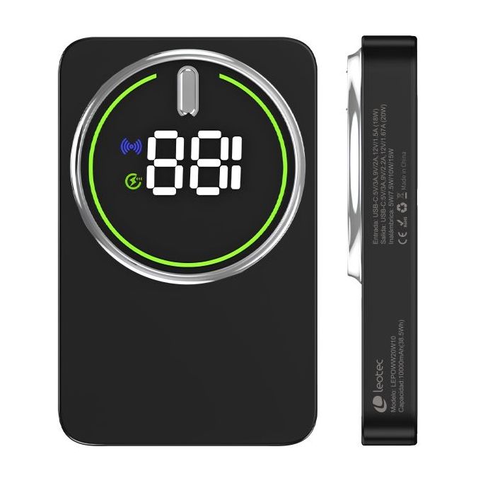 Leotec Powerbank Inalambrico 10.000 mAh -  PD 20W - Qi 15W - Color Negro