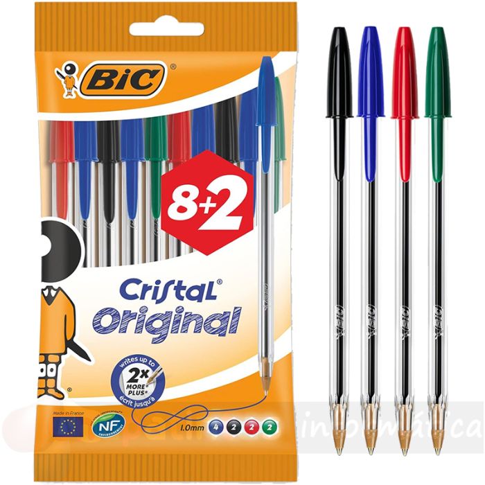 Bic Cristal Original Pack de 10 Bolígrafos de Bola - 8+2 -Punta Redonda de 1.0mm - Trazo 0.4mm - Colores Surtidos-1