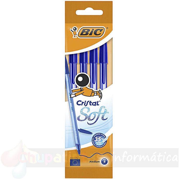 Bic Cristal Soft Pack de 4 Bolígrafos de Bola - Punta Media de 1.2mm - Trazo 0.45mm - Color Azul-1