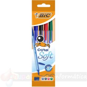 Bic Cristal Soft Pack de 4 Bolígrafos de Bola - Punta Media de 1.2mm - Trazo 0.45mm - Colores Surtidos-1