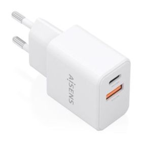 Aisens Cargador Gan 20W - 1xUSB-C PD3.0 - 1xUSB-A QC3.0 - Color Blanco