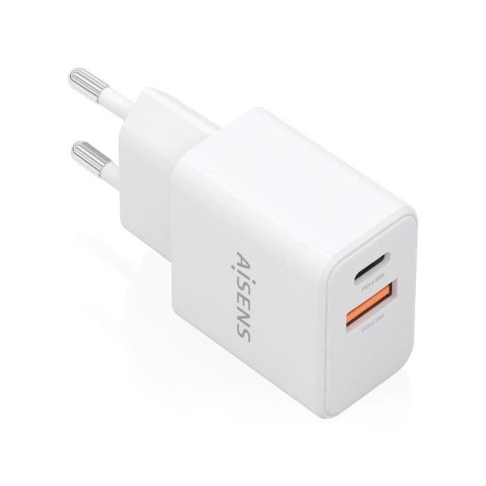 Aisens Cargador Gan 20W - 1xUSB-C PD3.0 - 1xUSB-A QC3.0 - Color Blanco