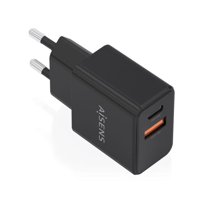 Aisens Cargador Gan 20W - 1xUSB-C PD3.0 - 1xUSB-A QC3.0 - Color Negro