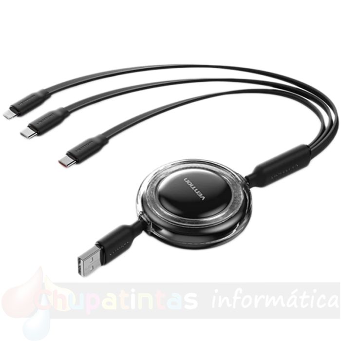 Vention Cable USB Múltiple - Retráctil Ajustable hasta 1.1m - USB-A - 2xUSB-C - Lightning - hasta 480Mbps - Color Negro-1
