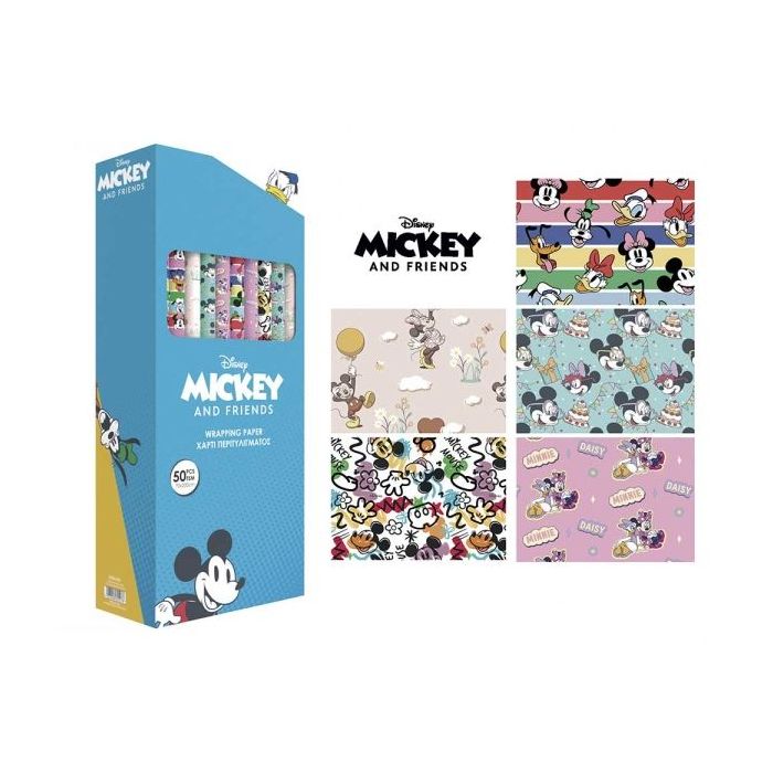 Safta Mickey and Friends Racing Expositor con 50 Rollos de Papel Regalo - Medidas del Rollo 70x200cm - 5 Patrones Diferentes - 3