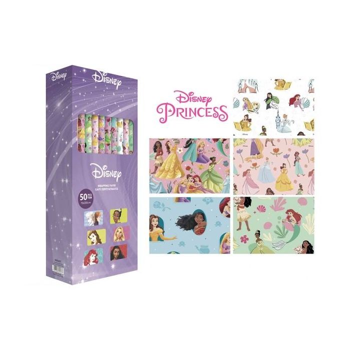 Safta Princesas Disney Expositor con 50 Rollos de Papel Regalo - Medidas del Rollo 70x200cm - 5 Patrones Diferentes - 30.5x71x15