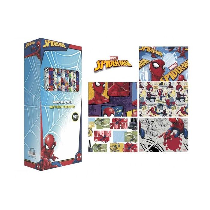 Safta Spider-Man Expositor con 50 Rollos de Papel Regalo - Medidas del Rollo 70x200cm - 5 Patrones Diferentes - 30.5x71x15.5cm -