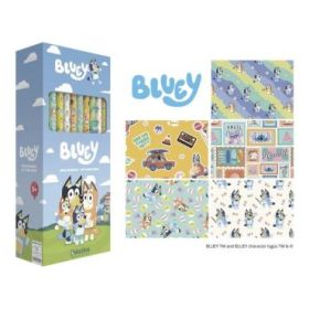 Safta Bluey Ready Expositor con 50 Rollos de Papel Regalo - Medidas del Rollo 70x200cm - 5 Patrones Diferentes - 30.5x71x15.5cm