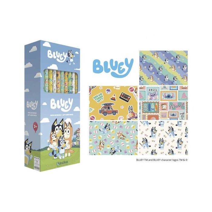 Safta Bluey Ready Expositor con 50 Rollos de Papel Regalo - Medidas del Rollo 70x200cm - 5 Patrones Diferentes - 30.5x71x15.5cm