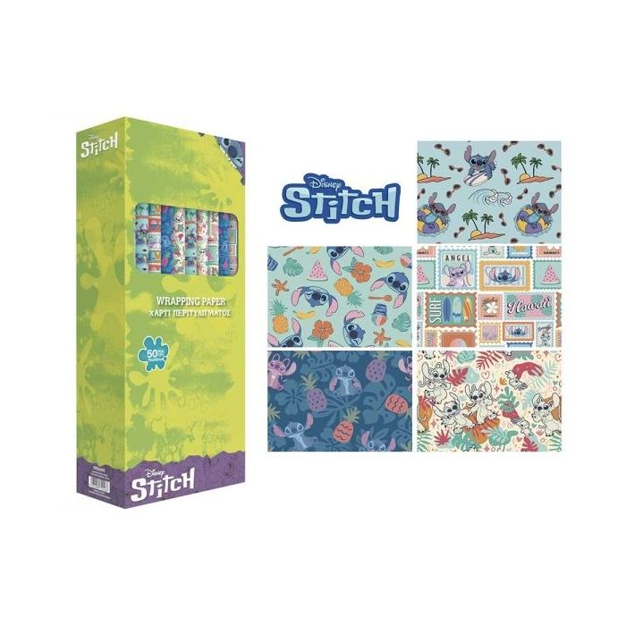 Safta Stitch Waves Expositor con 50 Rollos de Papel Regalo - Medidas del Rollo 70x200cm - 5 Patrones Diferentes - 30.5x71x15.5cm