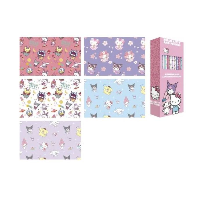 Safta Hello Kitty and Friends Expositor con 50 Rollos de Papel Regalo - Medidas del Rollo 70x200cm - 5 Patrones Diferentes - 30.
