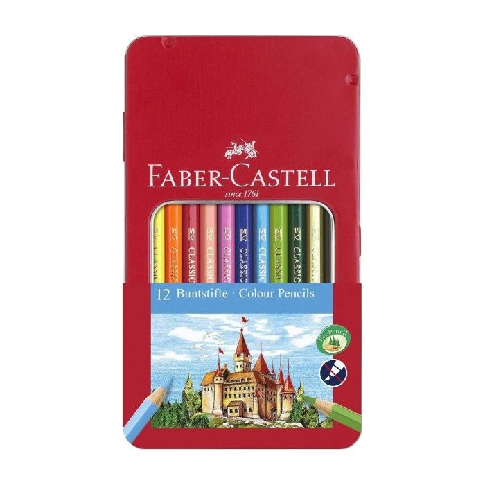 Faber-Castell Classic Colour Caja Metalica con 12 Lapices de Colores Hexagonales - Resistencia a la Rotura - Colores Surtidos