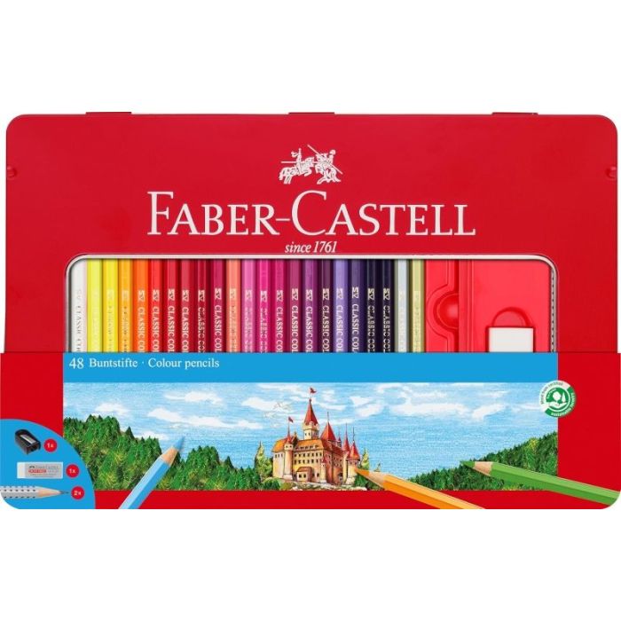 Faber-Castell Classic Colour Caja Metalica con 48 Lapices de Colores Hexagonales + 2 Lapices de Grafito, Goma de Borrar y Sacapu