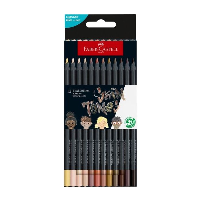 Faber-Castell Black Edition Skin Tones Pack de 12 Lapices de Colores Tonos de Piel - Mina Supersuave - Madera Negra - Ideales pa
