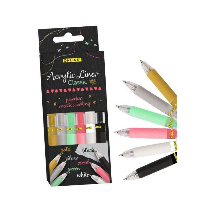 Online Classic Pack de 6 Boligrafos Retractiles - Tinta Acrilica - Punta Fina de 1mm - Colores Surtidos